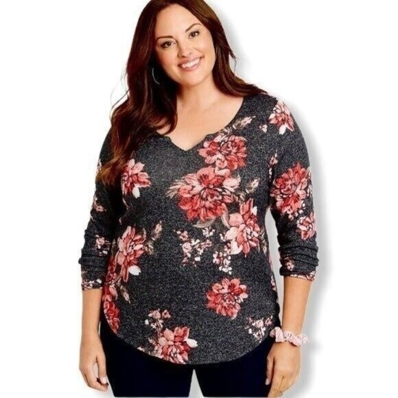 Maurices Floral Sweater Women Plus Size 1X Gray Black Pink Spring Summer - Picture 1 of 5